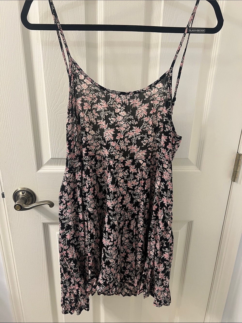Black Floral Pink Open Back Slip Dress with Spaghetti Straps